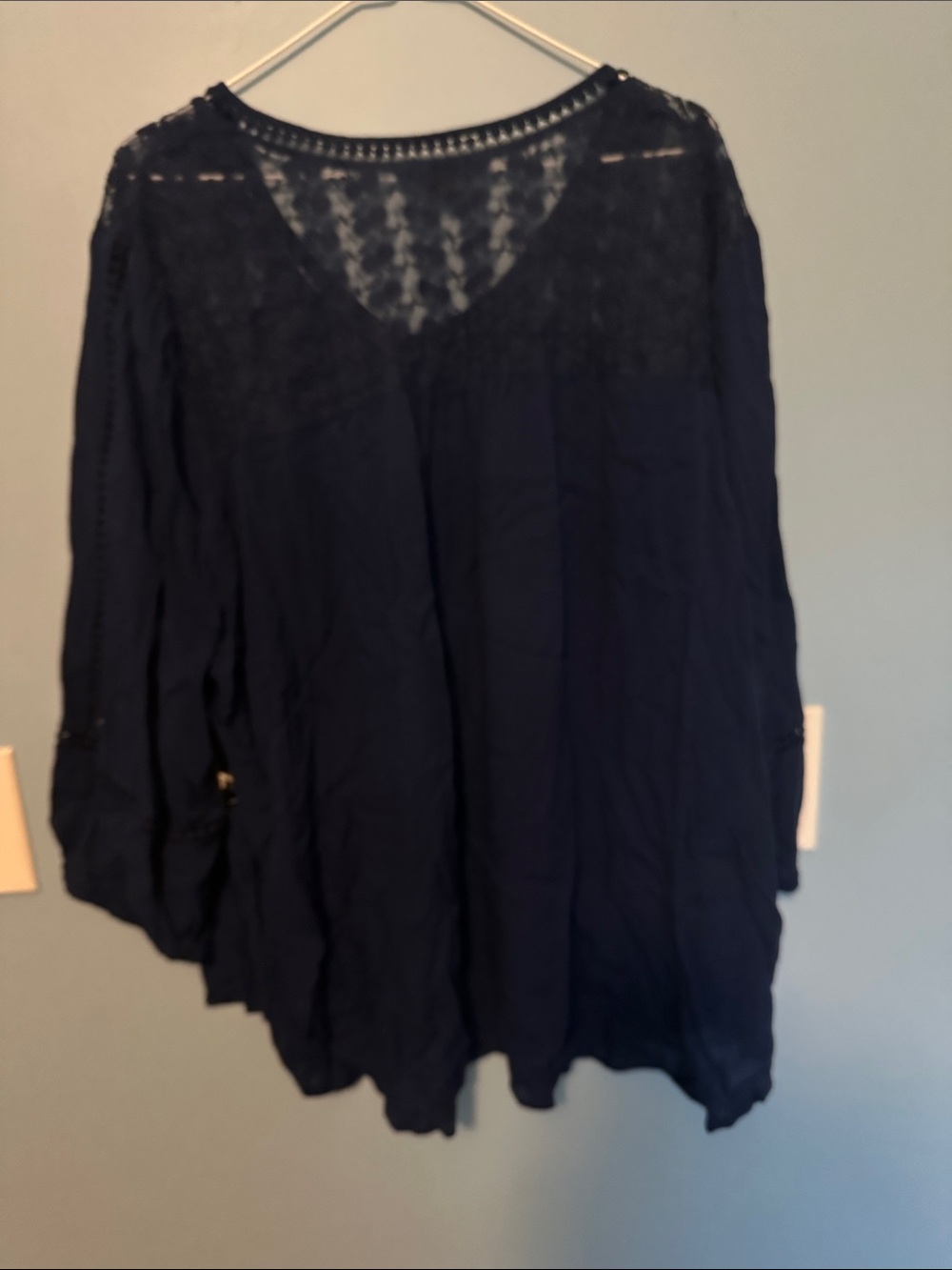 New Directions Navy Lace Yoke Peasant Top - Picture 5 of 5